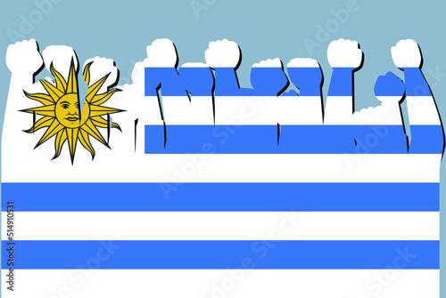 Uruguay flag with raised protest hands vector, country flag logo, Uruguay protesting concept