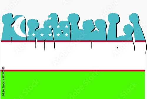 Uzbekistan flag with raised protest hands vector, country flag logo, Uzbekistan protesting concept