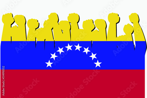 Venezuela flag with raised protest hands vector, country flag logo, Venezuela protesting concept