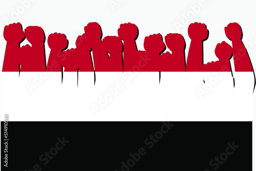Yemen flag with raised protest hands vector, country flag logo, Yemen protesting concept