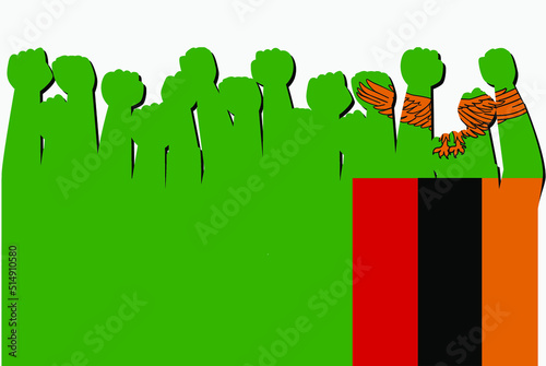 Zambia flag with raised protest hands vector, country flag logo, Zambia protesting concept