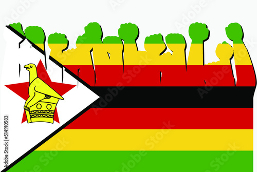 Zimbabwe flag with raised protest hands vector, country flag logo, Zimbabwe protesting concept