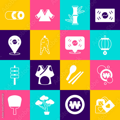 Set Lock with heart, South Korean won coin, lantern, Bamboo, Ginseng root, Location, Sushi and icon. Vector