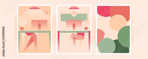 Minimalist abstract office and home wallpaper illustrations. Colourful palette with a simple display of modern workspace.