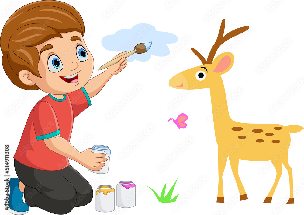 Cute little boy drawing cloud, deer, butterfly and grass on the wall Cute little boy drawing cloud, deer, butterfly and grass on the wall