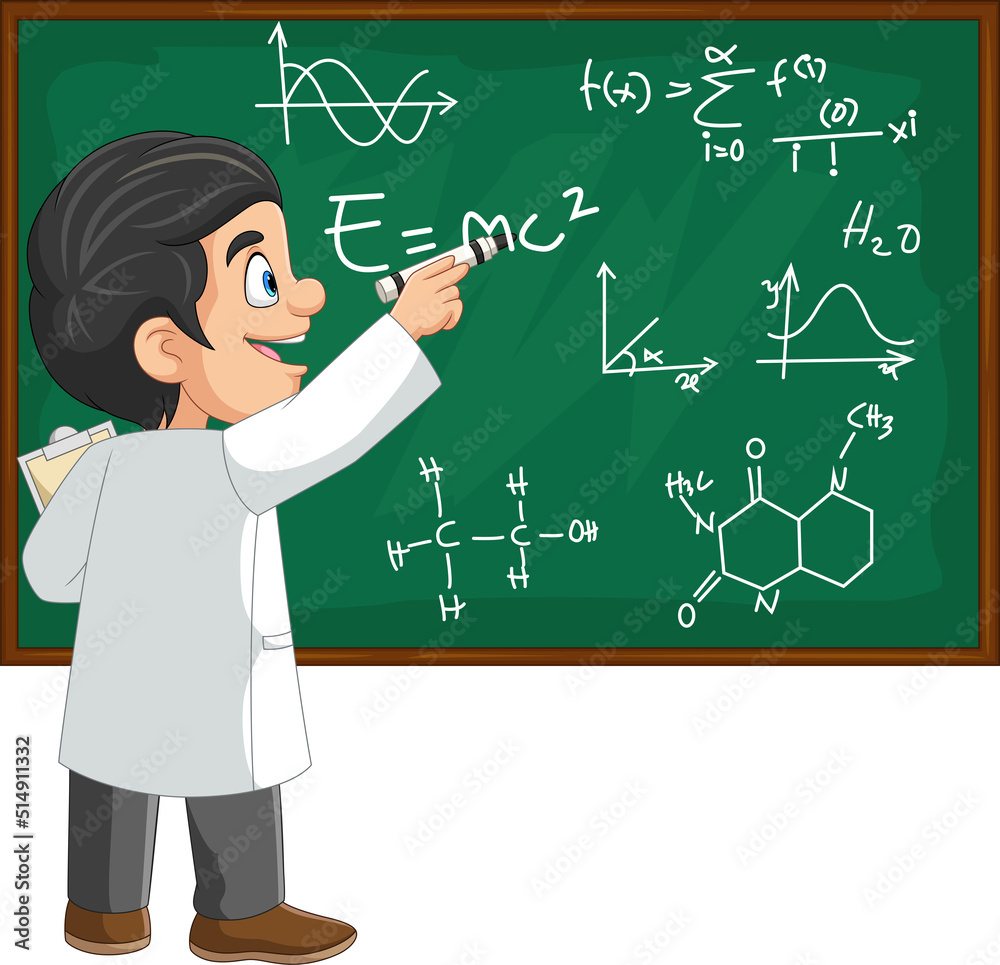 Chemistry teacher writing chemical reactions on blackboard