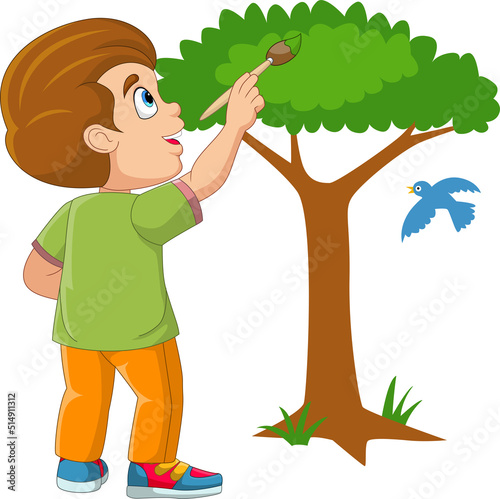Cute little boy painting tree on the wall