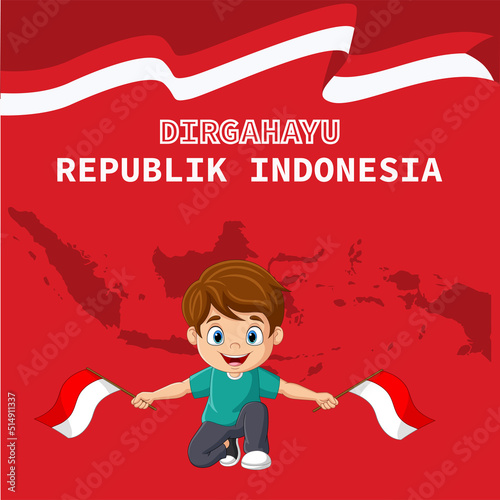 Cartoon little holding an Indonesian flags photo