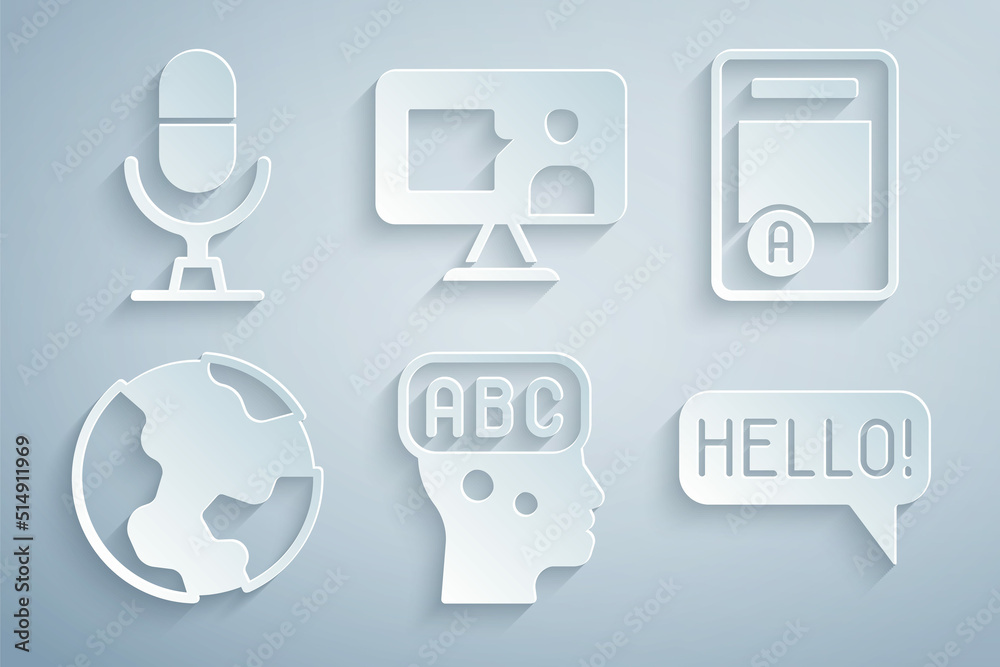Set Learning foreign languages, Exam sheet with A plus grade, Earth globe, Hello different, Foreign online study and Microphone voice device icon. Vector Set Learning foreign languages, Exam sheet with A plus grade, Earth globe, Hello different, Foreign online study and Microphone voice device icon. Vector