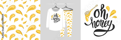 Seamless honey pattern and lettering illustration Oh honey. Baby design pajamas, background for apparel, room decor, tee print, baby shower party invitation, fabric design, wrapping