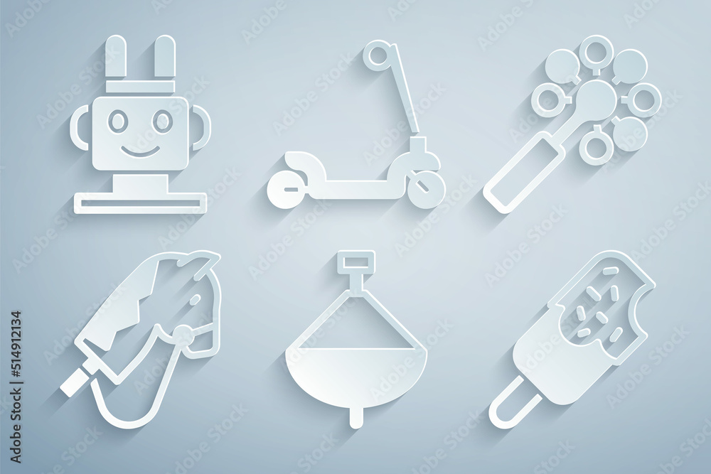 Set Whirligig toy, Rattle baby, Toy horse, Ice cream, Roller scooter and Robot icon. Vector Set Whirligig toy, Rattle baby, Toy horse, Ice cream, Roller scooter and Robot icon. Vector