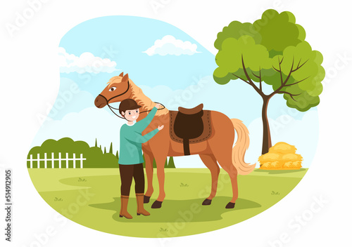 Horse Riding Cartoon Illustration with Cute People Character Practicing Horseback Ride or Equestrianism Sports in the Green Field