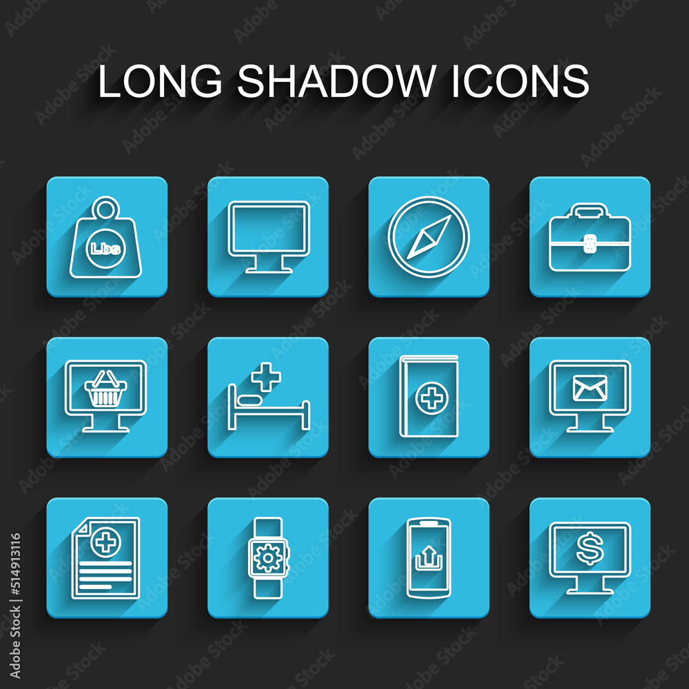 Set line Clinical record, Smartwatch setting, Weight pounds, Smartphone with upload, Monitor dollar, Hospital bed, and envelope and Medical book icon. Vector Set line Clinical record, Smartwatch setting, Weight pounds, Smartphone with upload, Monitor dollar, Hospital bed, and envelope and Medical book icon. Vector