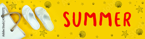 Women's summer white slippers and a white rubber bag on a yellow background. Slippers. Starfish and shells nearby. marine theme. vacation.Banner for insertion into site. inscription in English: summer