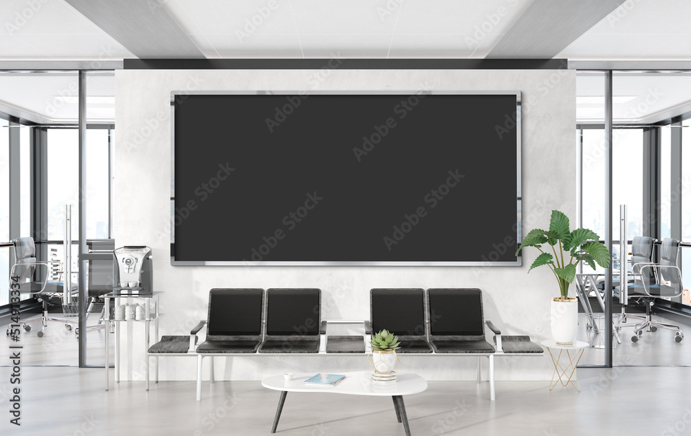 Panoramic frame Mockup hanging in office waiting room. Template of a billboard in modern interior 3D rendering Panoramic frame Mockup hanging in office waiting room. Template of a billboard in modern interior 3D rendering