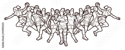 Group of Handball Female Players  Cartoon Sport Action Graphic Vector