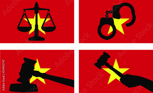 Vietnam flag with justice vector silhouette, judge gavel, scales of justice, handcuff silhouette on country flag