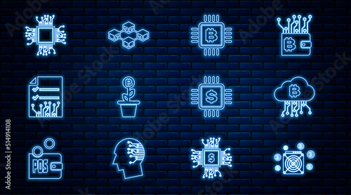 Set line ASIC Miner, Cryptocurrency cloud mining, CPU farm, Bitcoin plant the pot, Smart contract, Processor, chip with dollar and Blockchain technology icon. Vector