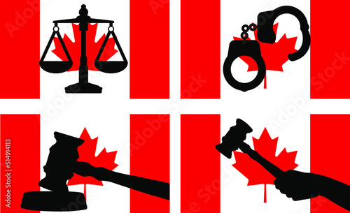 Canada flag with justice vector silhouette, judge gavel, scales of justice, handcuff silhouette on country flag