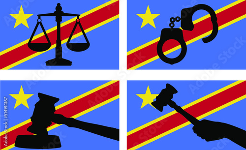 Congo Demotratic Republic flag with justice vector silhouette, judge gavel, scales of justice, handcuff silhouette on country flag