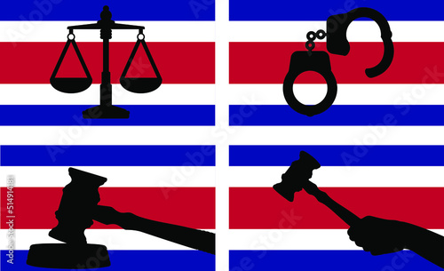 Costa Rica flag with justice vector silhouette, judge gavel, scales of justice, handcuff silhouette on country flag
