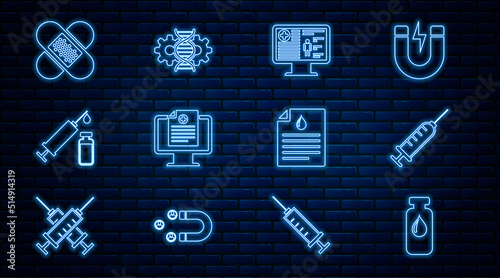 Set line Medical vial, ampoule, Syringe, Clinical record on monitor, syringe and, Crossed bandage plaster, Clipboard with blood test and Gene editing icon. Vector