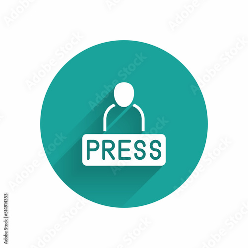 White Journalist news reporter icon isolated with long shadow background. Green circle button. Vector