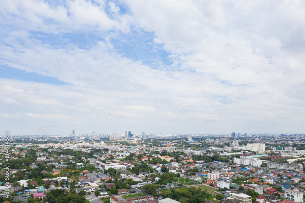 Aerial city view from flying drone at Nonthaburi, Thailand, top view of the city
