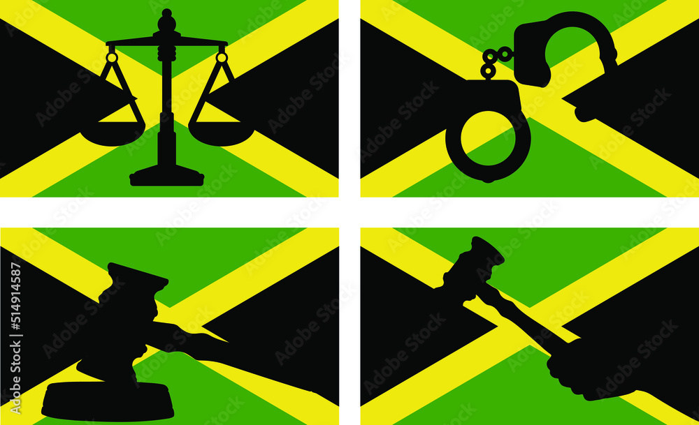 Jamaica flag with justice vector silhouette, judge gavel, scales of justice, handcuff silhouette