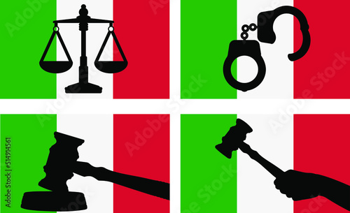 Italy flag with justice vector silhouette, judge gavel, scales of justice, handcuff silhouette on country flag