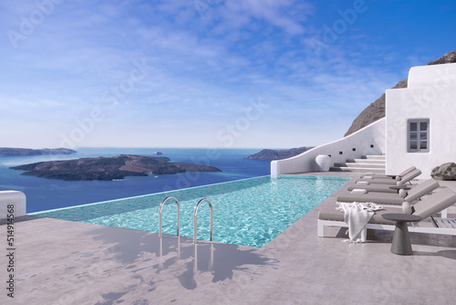 3d render of a swimming pool in a hotel in Santorini, a Greek island in Aegean , a summer relaxed holiday concept