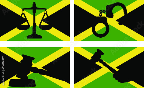 Jamaica flag with justice vector silhouette, judge gavel, scales of justice, handcuff silhouette on country flag