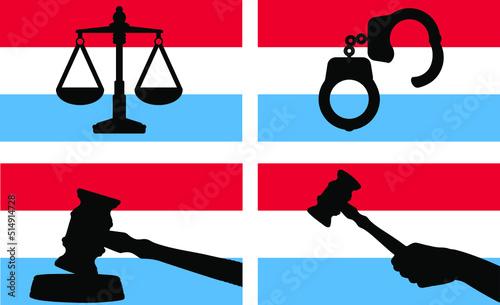 Luxembourg flag with justice vector silhouette, judge gavel, scales of justice, handcuff silhouette on country flag