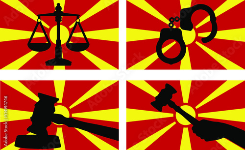Macedonia flag with justice vector silhouette, judge gavel, scales of justice, handcuff silhouette on country flag