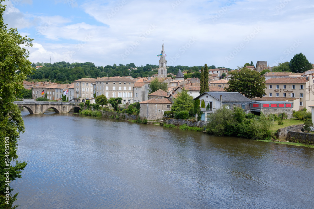 general view of riverside buildings along Charente river in Confolens, Charente, Poitou-Charentes, Aquitaine, France