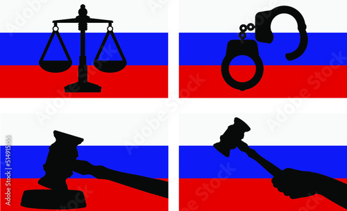 Russia flag with justice vector silhouette, judge gavel, scales of justice, handcuff silhouette on country flag