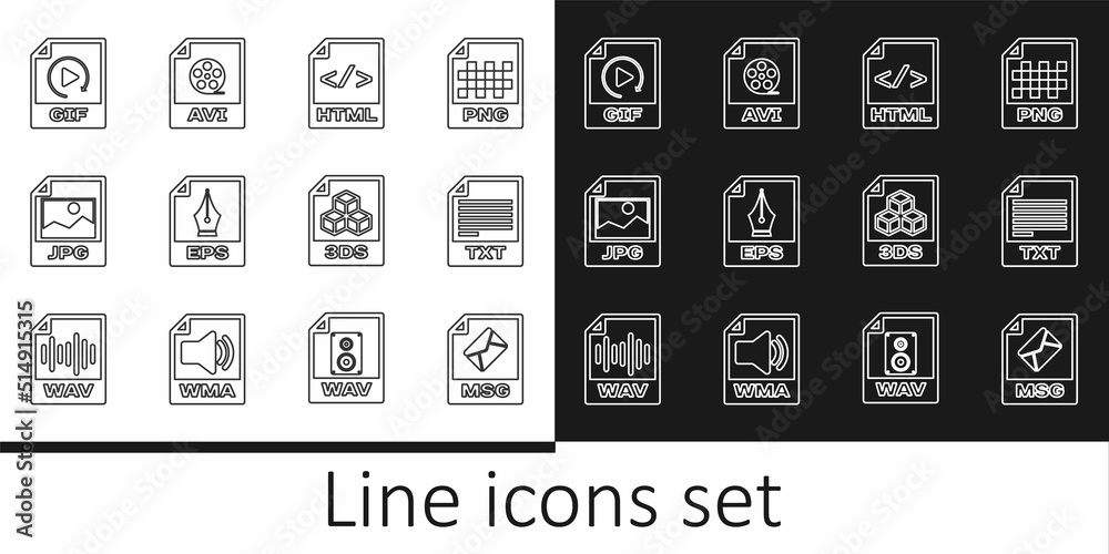 Set line MSG file document, TXT, HTML, EPS, JPG, GIF, 3DS and AVI icon. Vector Set line MSG file document, TXT, HTML, EPS, JPG, GIF, 3DS and AVI icon. Vector