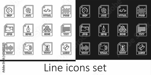 Set line MSG file document, TXT, HTML, EPS, JPG, GIF, 3DS and AVI icon. Vector