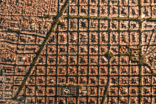 Spain, Catalonia, Barcelona, Helicopter view of densely populated residential district photo