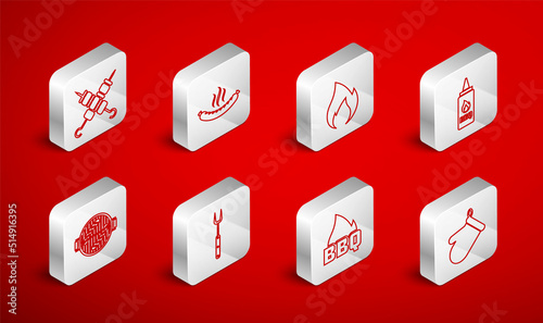 Set line Oven glove, Sausage, Fire flame, Ketchup bottle, Barbecue fire, Grilled shish kebab, fork and grill with sausage icon. Vector
