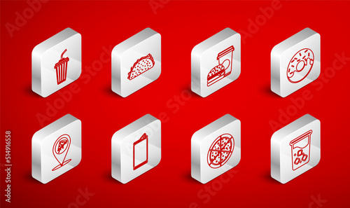 Set line Glass with water, Taco tortilla, Coffee and burger, Donut, Pizza, Aluminum can and Location slice pizza icon. Vector