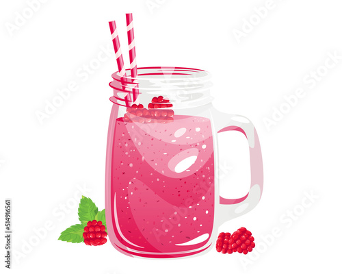 Raspberry smoothie on a white background.Summer refreshing drink in a jar with fresh raspberries.Vector illustration.