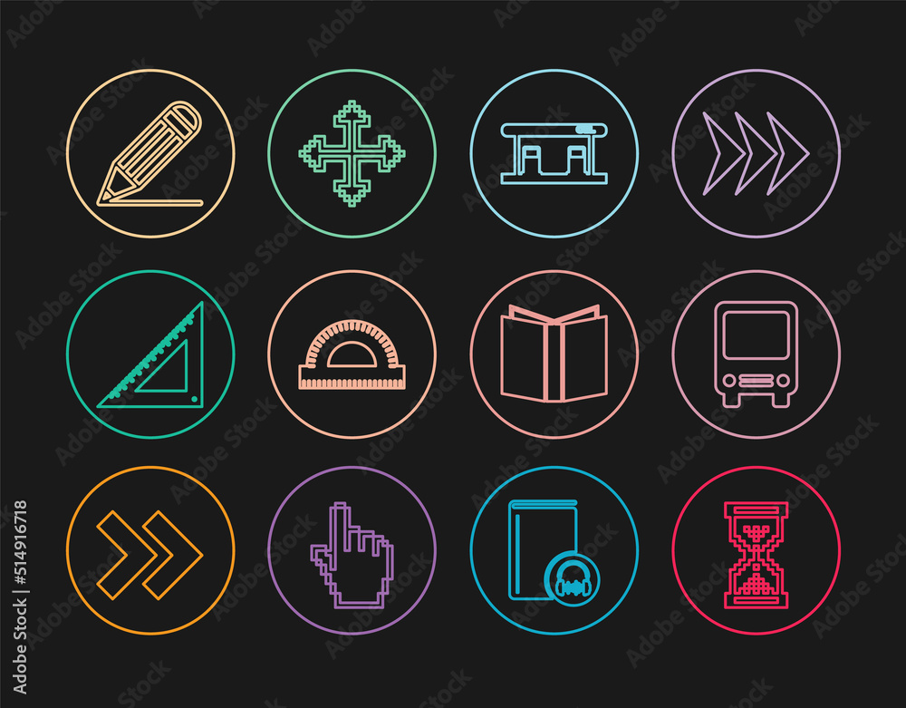 Set line Hourglass pixel, Bus, Gas filling station, Protractor grid, Triangular ruler, Pencil and line, Open book and Pixel arrows four directions icon. Vector Set line Hourglass pixel, Bus, Gas filling station, Protractor grid, Triangular ruler, Pencil and line, Open book and Pixel arrows four directions icon. Vector