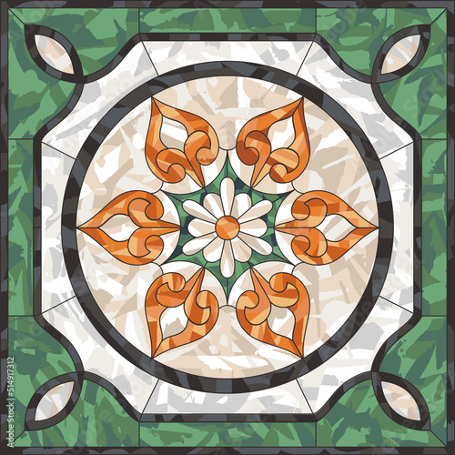 Ceiling panels stained glass window. Abstract Flower, swirls and leaves in square frame, geometric ornament, symmetric composition, tiffany technique, classic style. Vector