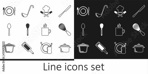 Set line Cooking pot, Kitchen whisk, Chef hat and fork, Spoon, Plate, knife, Coffee cup and ladle icon. Vector