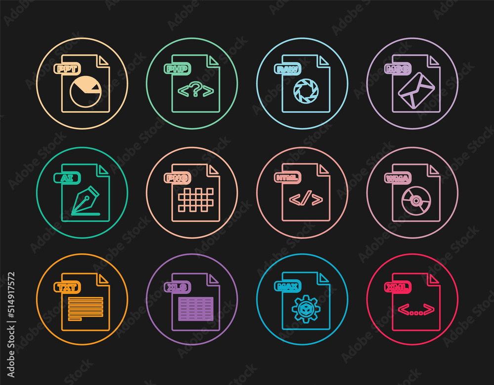 Set line XML file document, WMA, RAW, PNG, AI, PPT, HTML and PHP icon. Vector Set line XML file document, WMA, RAW, PNG, AI, PPT, HTML and PHP icon. Vector