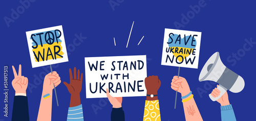People protesting against the war in Ukraine. Hands holding posters with anti-war slogans. A peaceful demonstration to stop the war. Protesters, war, save Ukraine. Vector flat illustration.