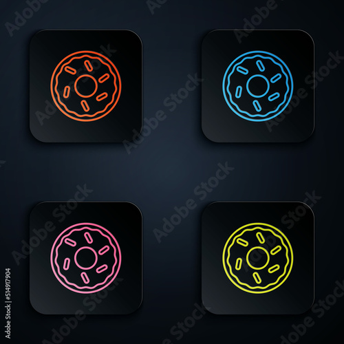 Color neon line Donut with sweet glaze icon isolated on black background. Set icons in square buttons. Vector