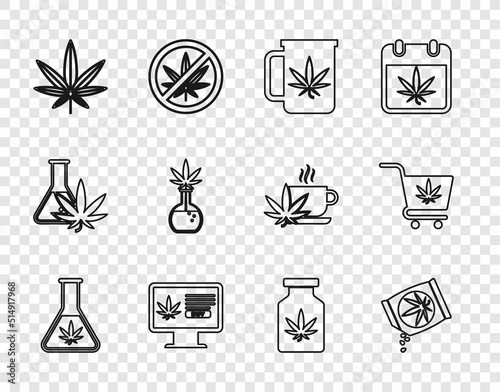 Set line Test tube with marijuana, Marijuana or cannabis seeds, Cup tea, Online buying, leaf, Medical bottle and Shopping cart icon. Vector