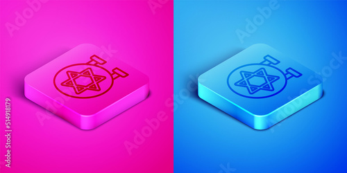 Isometric line Jewish synagogue building or jewish temple icon isolated on pink and blue background. Hebrew or judaism construction with David star. Square button. Vector
